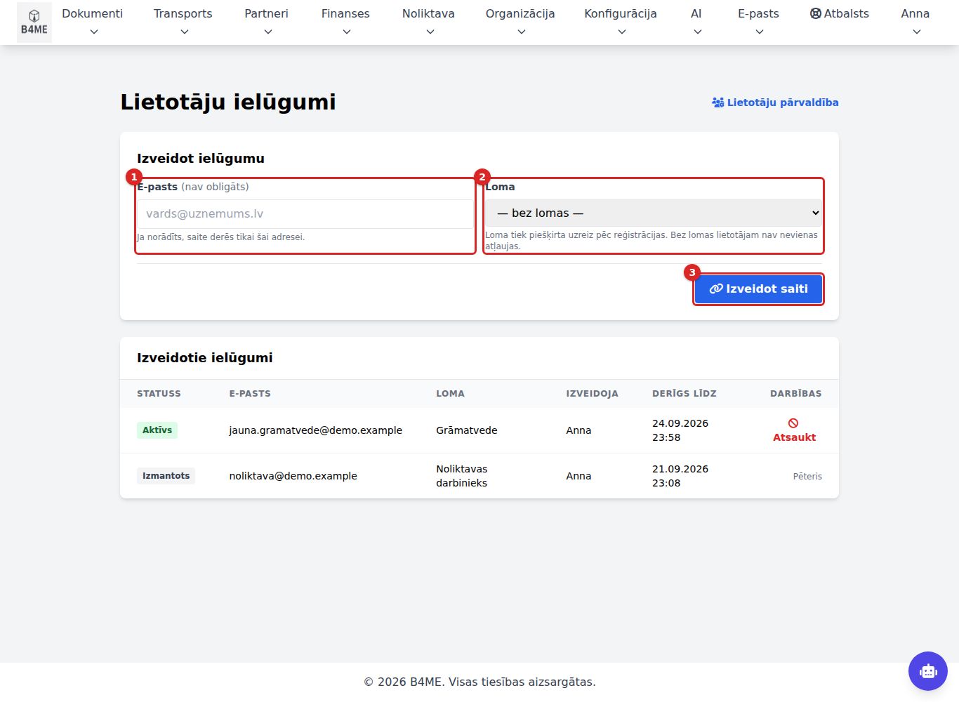 Lietotāju ielūgumi